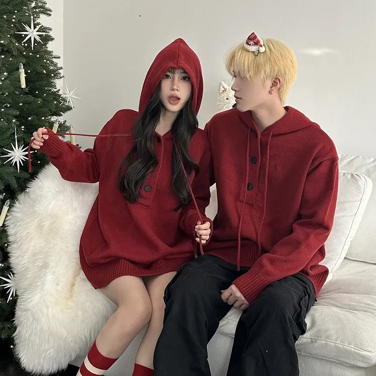 美式复古红色本命新年连帽毛衣情侣装秋冬季宽松慵懒风针织衫上衣