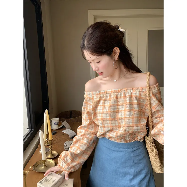 火火火【明媚格子】韩系一字肩温柔上衣衬衣C36735HH53