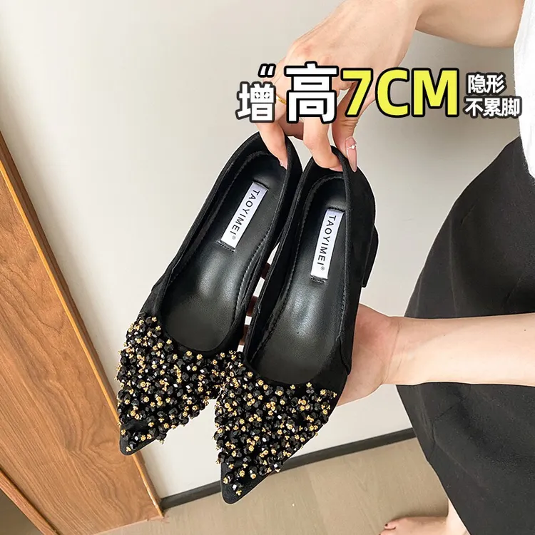 串珠水钻轻职风尖头套筒单鞋黑色浅口秋季不累脚粗跟中跟
