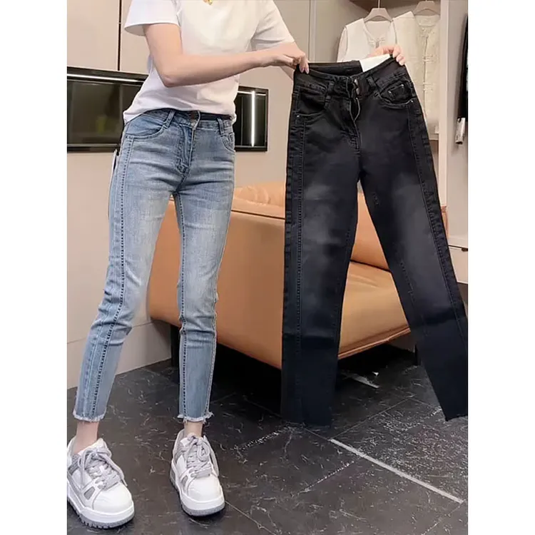 2025春季新款小脚牛仔裤大码高腰弹力潮流时尚显瘦直筒毛边铅笔裤