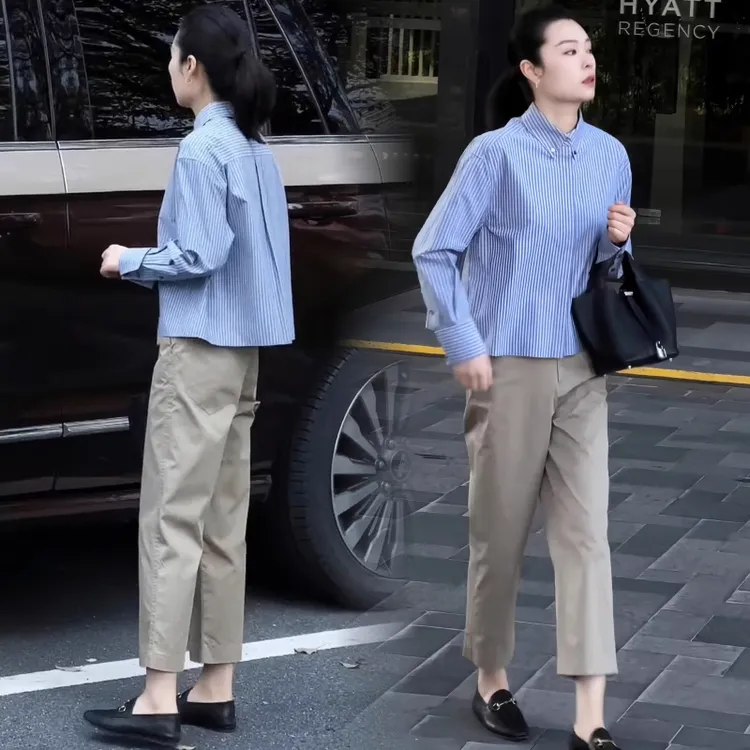 拉夏贝尔2025年时尚气质套装女新款减龄条纹衬衣休闲裤穿搭两件套