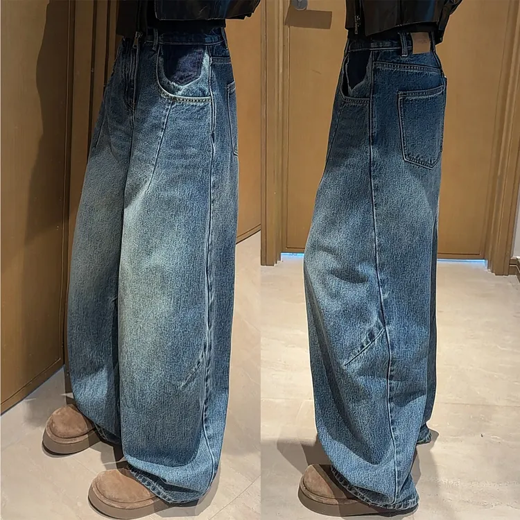 2025欧货磨毛加厚美式复古风高腰显瘦气球型阔腿牛仔裤女百搭长裤