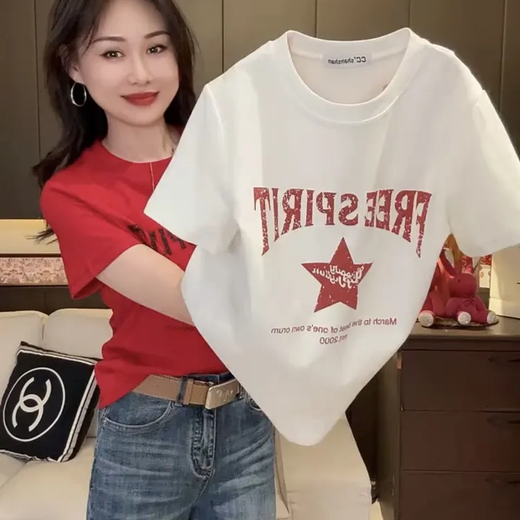 新款红早春爆款减龄显瘦百搭印花短袖t恤上衣休闲