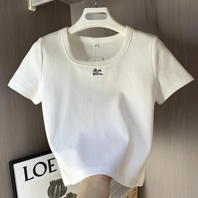 白色方领正肩短袖T恤女春季新款设计感小众刺绣内搭修身短款上衣