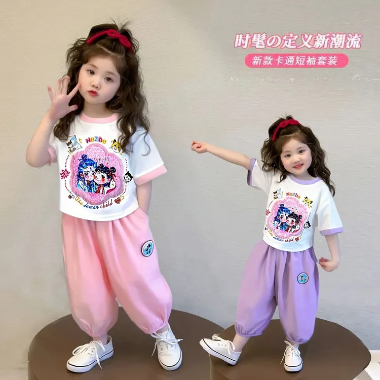 亮片女童哪吒套装儿童短袖休闲裤子两件套小女孩宝宝夏装2025新款