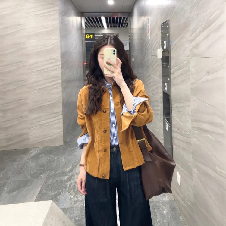 入秋搭配一整套韩系美拉德穿搭复古外套格子衬衫牛仔阔腿裤三件套