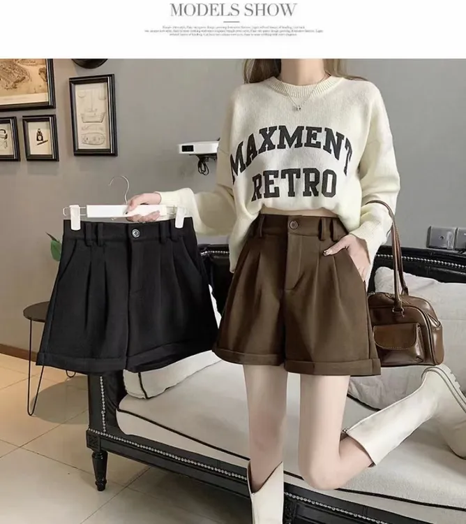 宽松高腰显瘦韩版新款网红秋冬阔腿insA字短裤裤子百褶裙外穿百搭