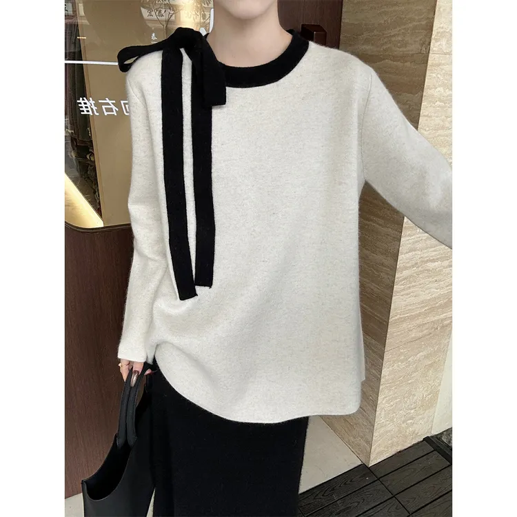 气质撞色领口系带宽松套头针织衫秋冬新款百搭显瘦长袖加厚上衣女