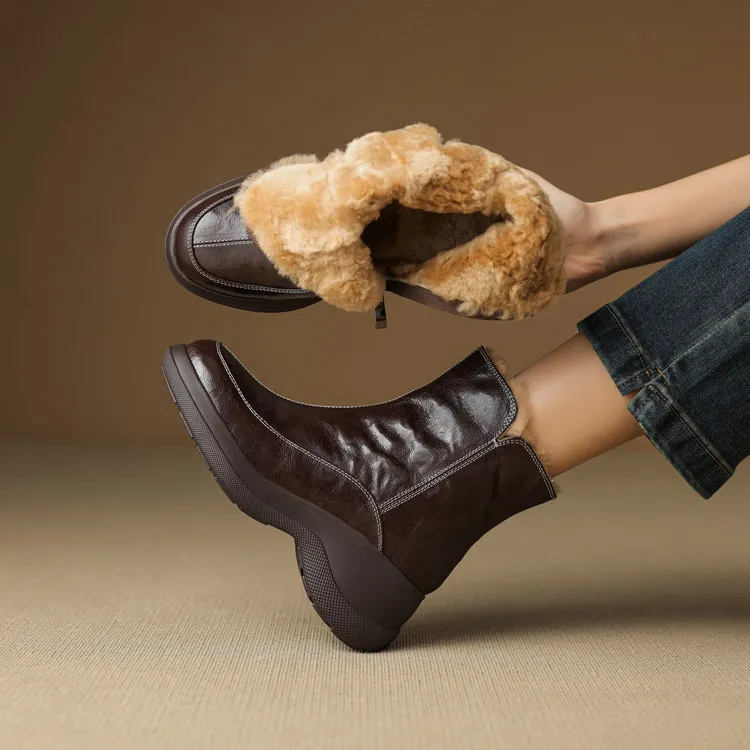 羊皮毛一体 跟高6.5cm 33-40冬季加绒厚毛保暖雪地靴女真皮厚底靴