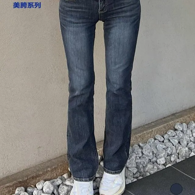 kindame韩国百搭显瘦中深蓝低腰丰胯提臀微喇牛仔长裤DL23S0121