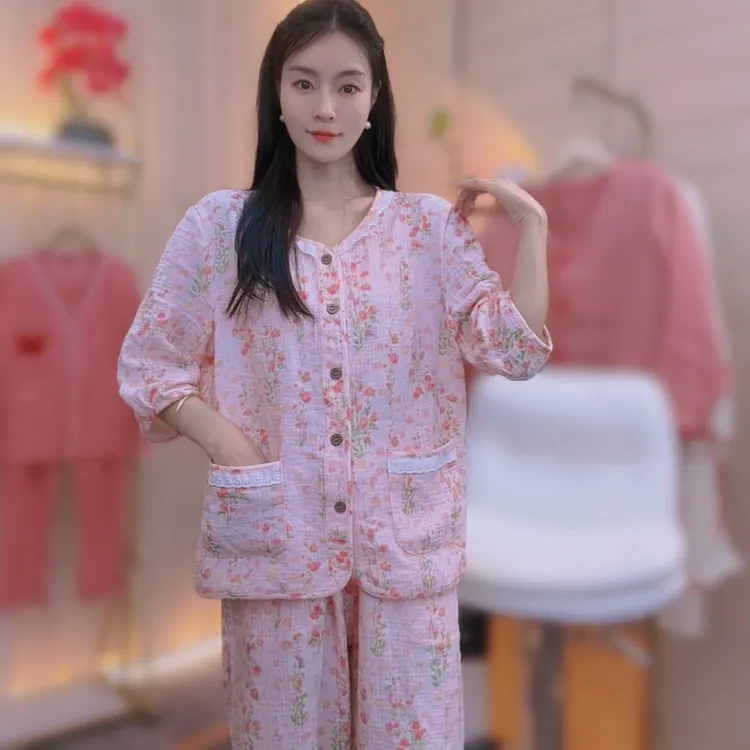 夏季新款【十里桃花】母婴级A类100%棉七分袖长裤套装睡衣家居服