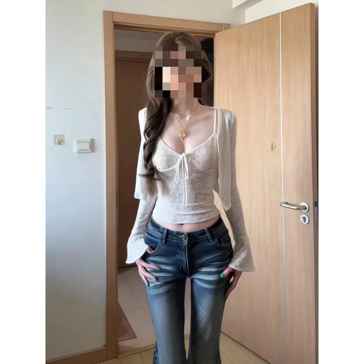 秋季法式气质蕾丝吊带背心短款外套两件套微喇叭牛仔裤马蹄拖地裤
