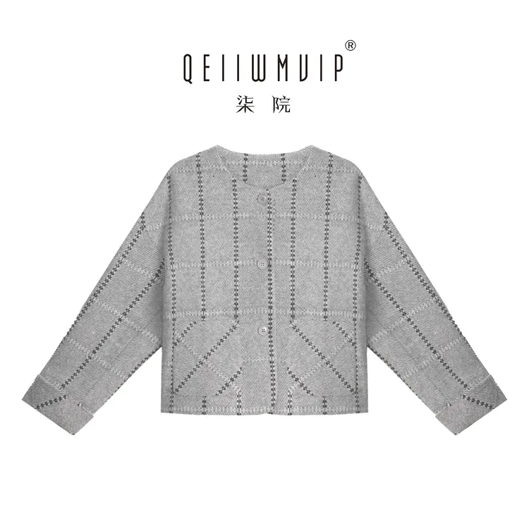QEIIWMVIP/柒院秋冬灰色格纹高端法式复古羊毛呢子小香风外套7336