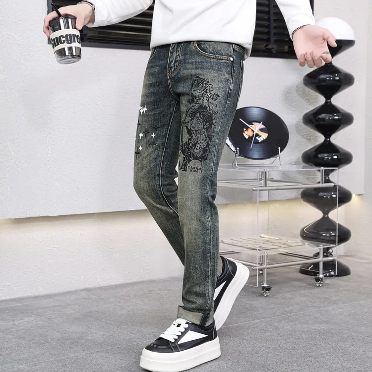 2299秋季新品男士欧版复古色修身时尚潮流刺绣烫钻压花工艺