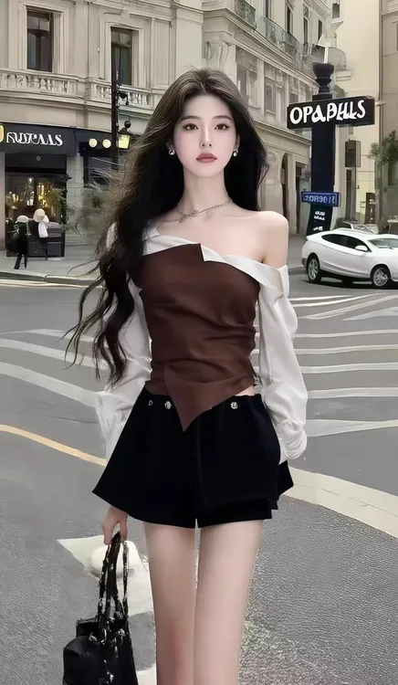 气质显瘦辣妹风穿搭撞色拼接斜领长袖上衣+黑色百搭短裤女两件套