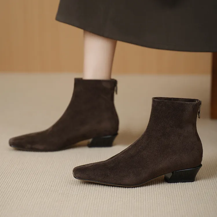 跟高3.5CM/2025款秋冬真皮短靴女复古粗跟磨砂羊反皮方头翻毛女靴