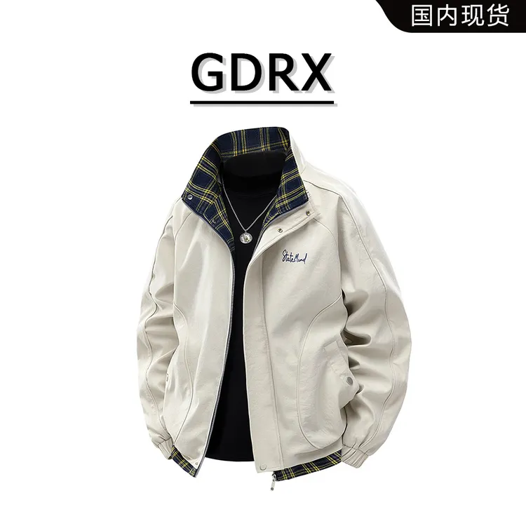GDRX美式复古高级感夹克男春秋季翻领拼接格纹外套设计感潮流宽松