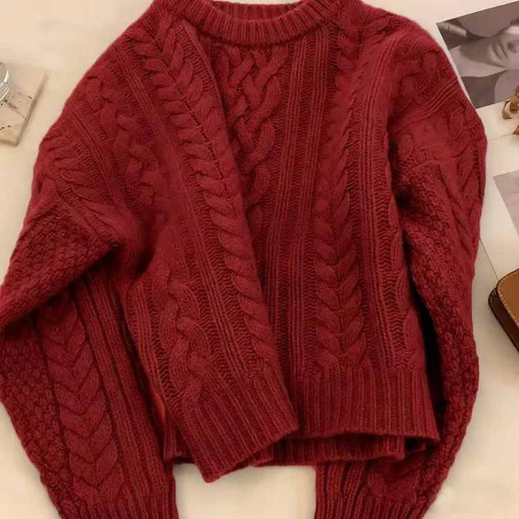 KALUOLAI/卡洛莱设计感小众麻花套头毛衣女秋冬款宽松针织衫上衣