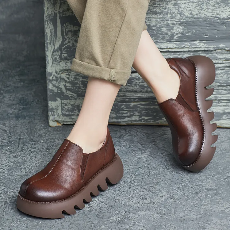 2025春季新款手工真皮圆头松糕底厚底增高小单鞋齿轮底深口女鞋