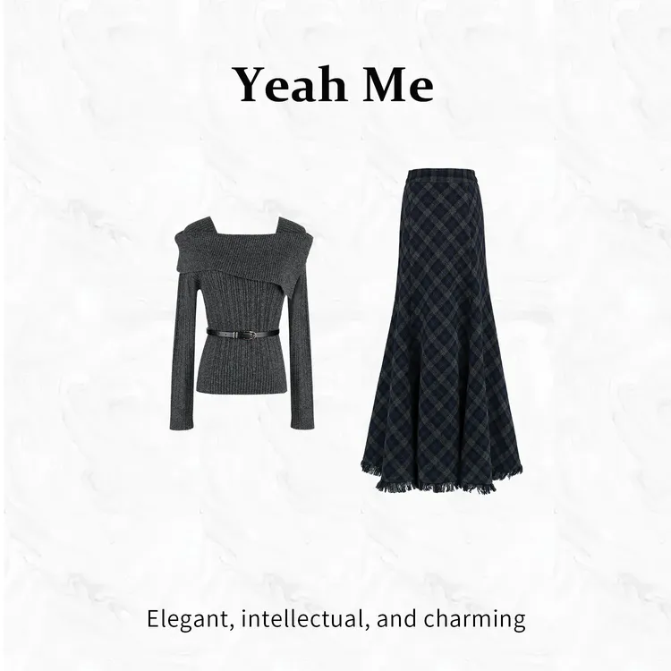 Yeah Me/也觅【素雅藏诗】冬季新款温柔气质毛衣简约百搭半身裙套装