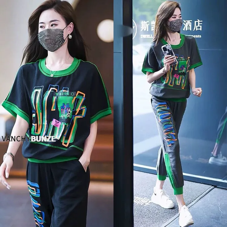 BUNZE 大码休闲运动套装女2025夏季新款时尚百搭短袖T恤九分裤两