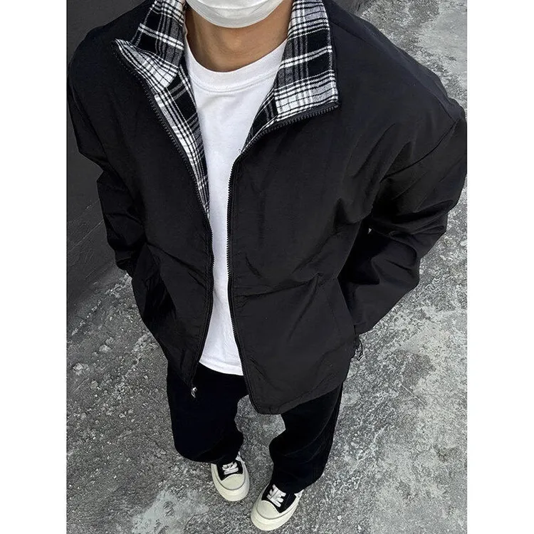 fitcheck黑白格子拼接外套男夏季薄款无帽立领防晒衣运动休闲夹克