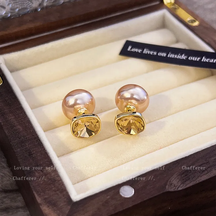 铜合金耳饰 高级感方糖闪钻珠珠耳钉2025新款耳环女两戴式耳饰潮