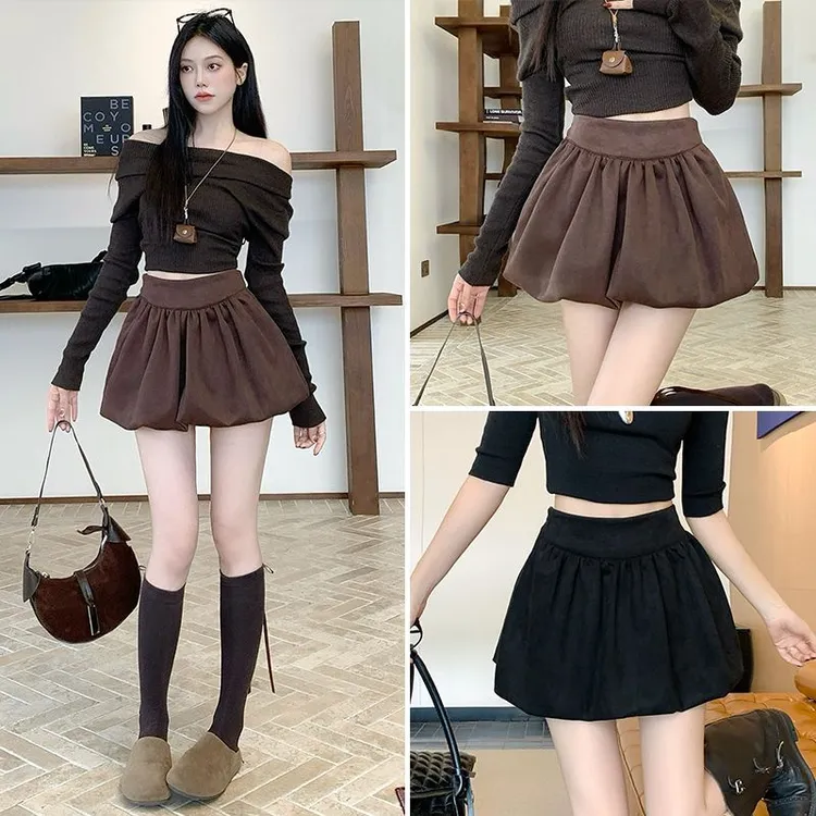 2025秋冬款鹿皮绒花苞半身裙高腰显瘦蓬蓬A字短裙小个子防走光女