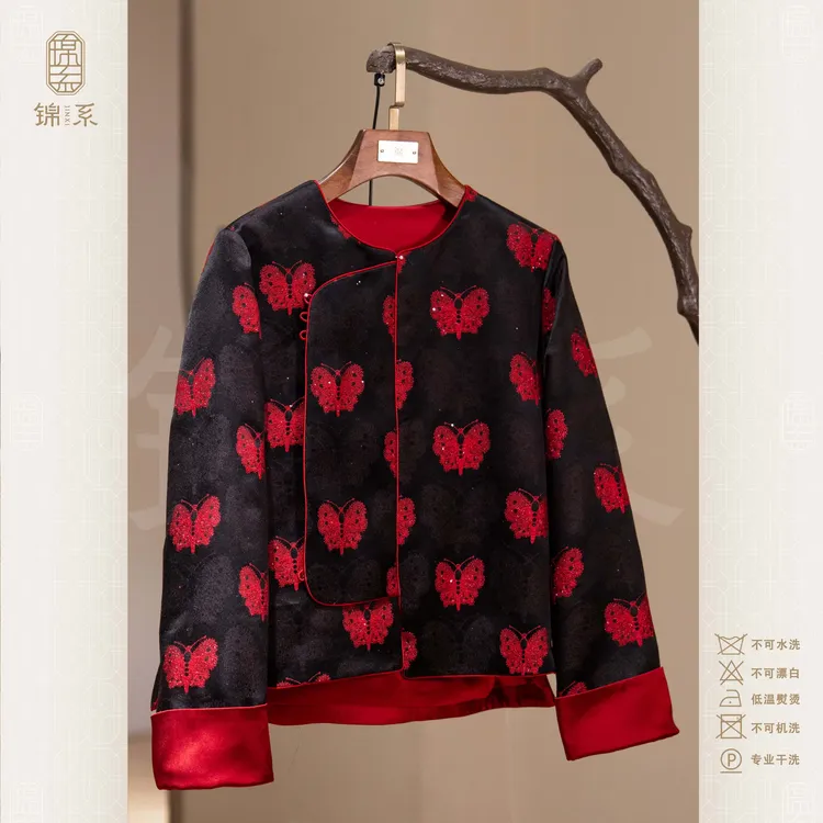 【锦系】上久楷丝毛中式国风袖口撞色圆领斜襟加棉长袖上衣E-383385