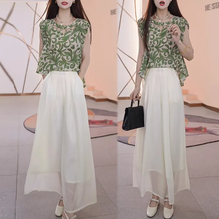 新中式复古套装女夏季新花色镂空无袖衬衫上衣显瘦阔腿裤裙两件套