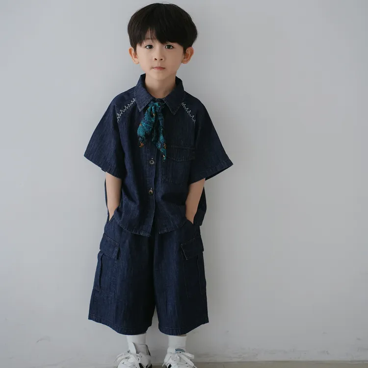 男童牛仔套装短袖衬衫2025新款宝宝韩版夏装中小童时髦衬衣两件套