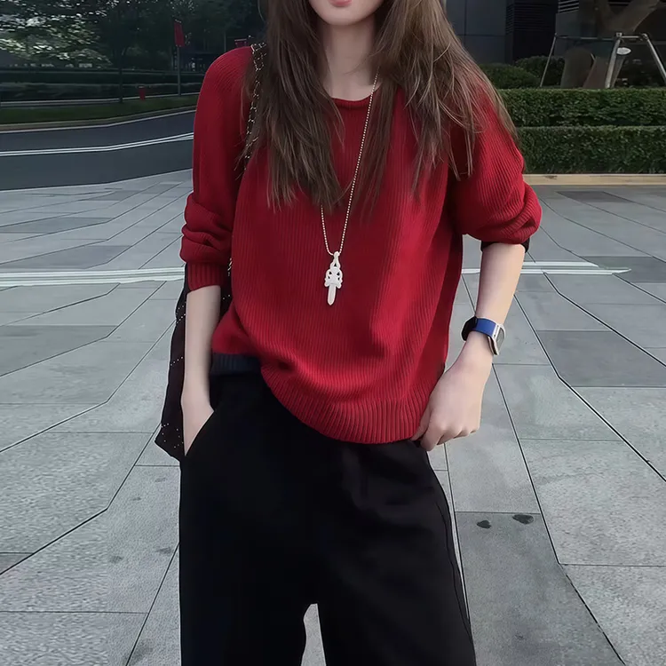 韩版撞色圆领长袖针织衫女2025秋季新款百搭宽松显瘦红色套头毛衣