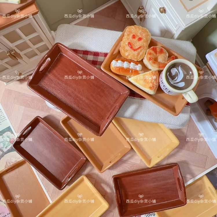 仿真食玩捏捏餐盘仿原木微缩盘子树脂面包盘diy娃屋场景冰箱贴材