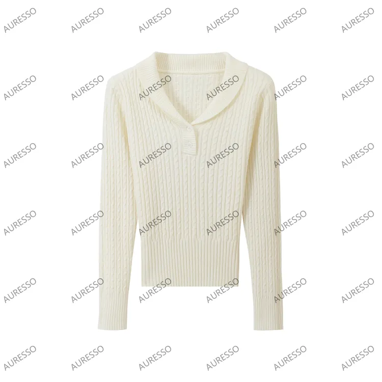 针织V领绞花长袖修身型毛针织衫时尚小翻领打底修身针织衫