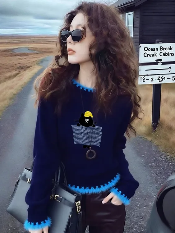 韩系可爱卡通撞色毛衣女2026冬季新款软糯长袖时尚洋气百搭针织衫