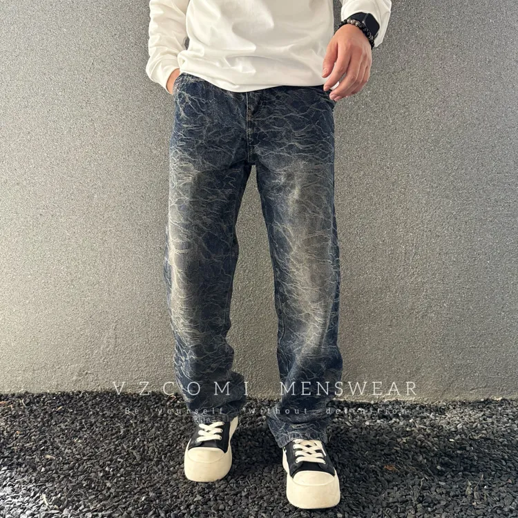 美式巴黎风立体剪裁重工水洗宽松直筒裤直筒牛仔裤提花长裤裤子