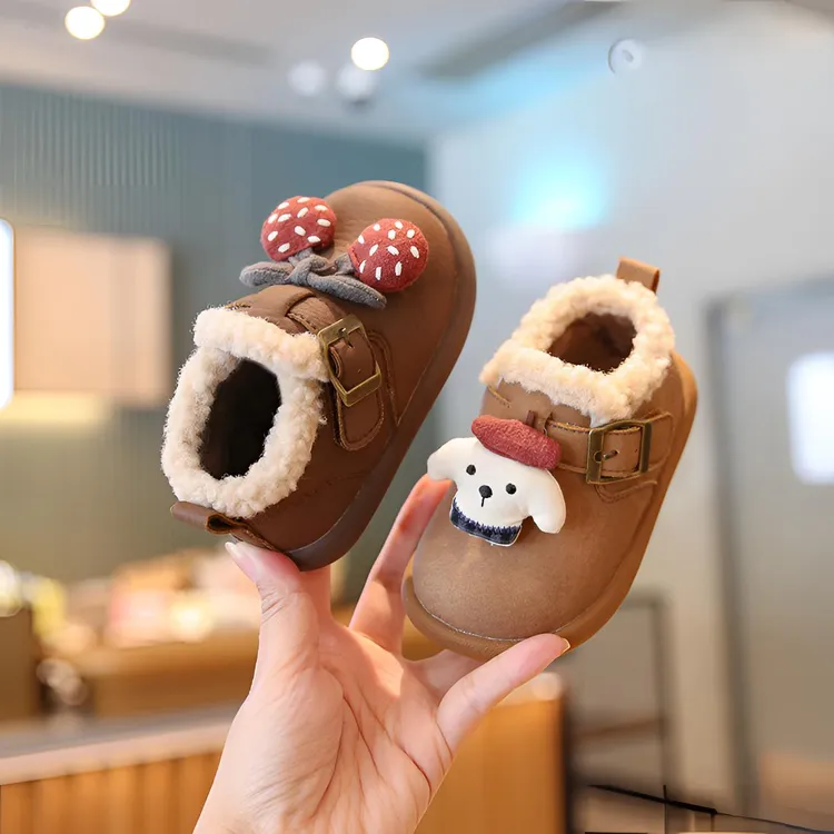 Sportmern女宝宝学步鞋加绒保暖女童婴儿软底复古幼儿皮鞋豆豆鞋