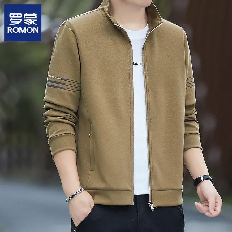 Romon/罗蒙开衫卫衣男士春秋季宽松立领休闲上衣百搭男装运动外套