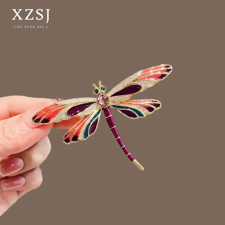 铜珐琅胸针 新款高档锆石蜻蜓胸花高端气质轻奢大号别针大衣配饰