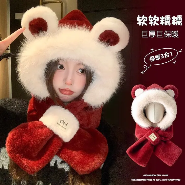 安可拉红色狐狸毛毛绒围脖帽子围巾一体女秋冬季高级感骑车保暖帽
