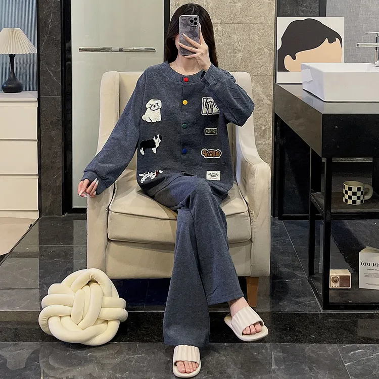 简约休闲睡衣女新款秋冬季羊绒保暖开衫韩系风舒适学生家居服套装