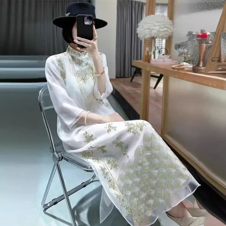 旗袍女装2025年新款夏季欧根纱刺绣汉服改良版中国风新中式连衣裙