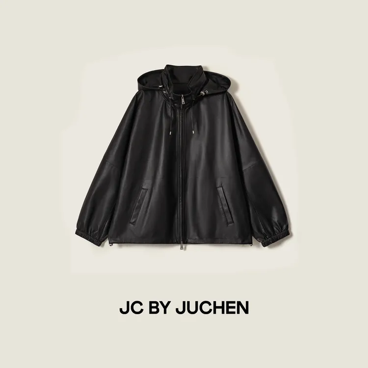 黑标线“暗影巡航”丹ma1蜡感胎牛皮哑光连帽皮衣外套 FW115012-896