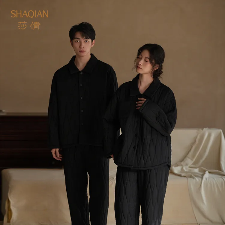莎倩新款三层夹棉情侣睡衣天丝梭织女秋冬加厚珊瑚绒男外穿家居服
