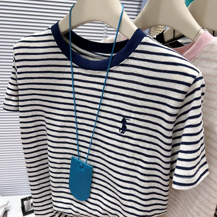 2025春夏季新款撞色条纹小码刺绣T恤女韩版宽松上衣打底衫