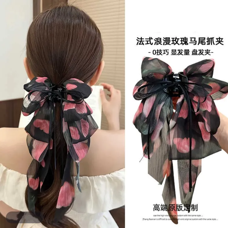【玫瑰花语】夏季新款碎花飘带马尾夹法式浪漫高级感后脑勺网红发夹