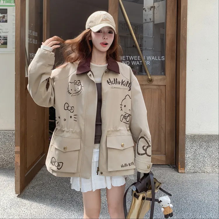 AE卡其色KT猫印花百搭风衣女秋季慵懒感宽松ins短款显瘦外套上衣