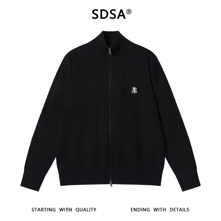 SDSA男士秋冬新款痞帅男装韩版简约纯色刺绣标拉链立领针织毛衣