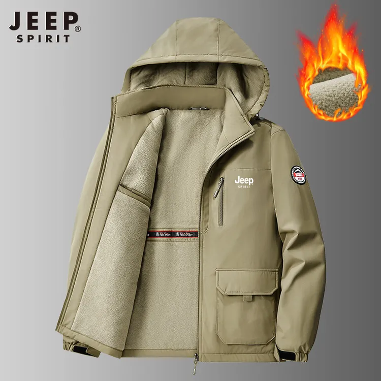 Jeep吉普加绒棉服防风防水保暖多口袋秋冬加厚大码工装男士外套