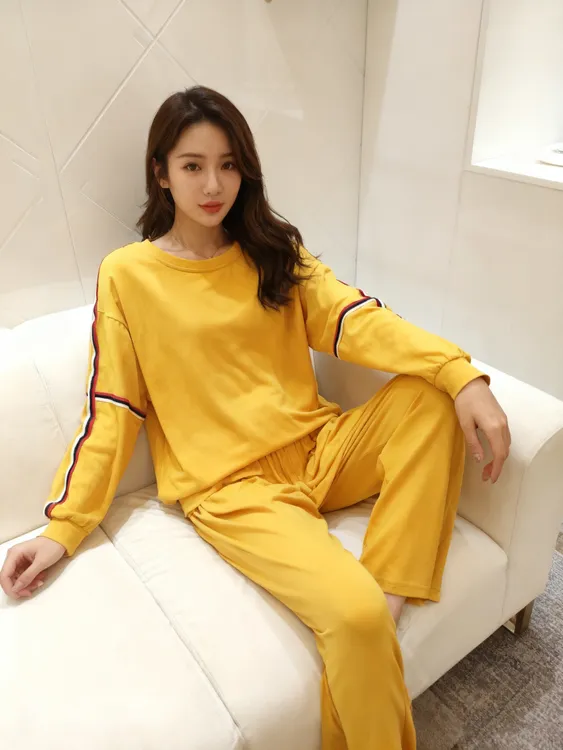 特价春秋季纯棉女士睡衣长袖长裤家居服宽松休闲套装可外穿女